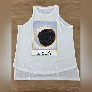 ZYIA White Graphic Sunburst Tank with Black & Gold Detail